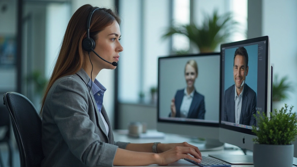 Профессиональный оператор чата помогает клиентам через видеоконференцию с использованием современного программного обеспечения