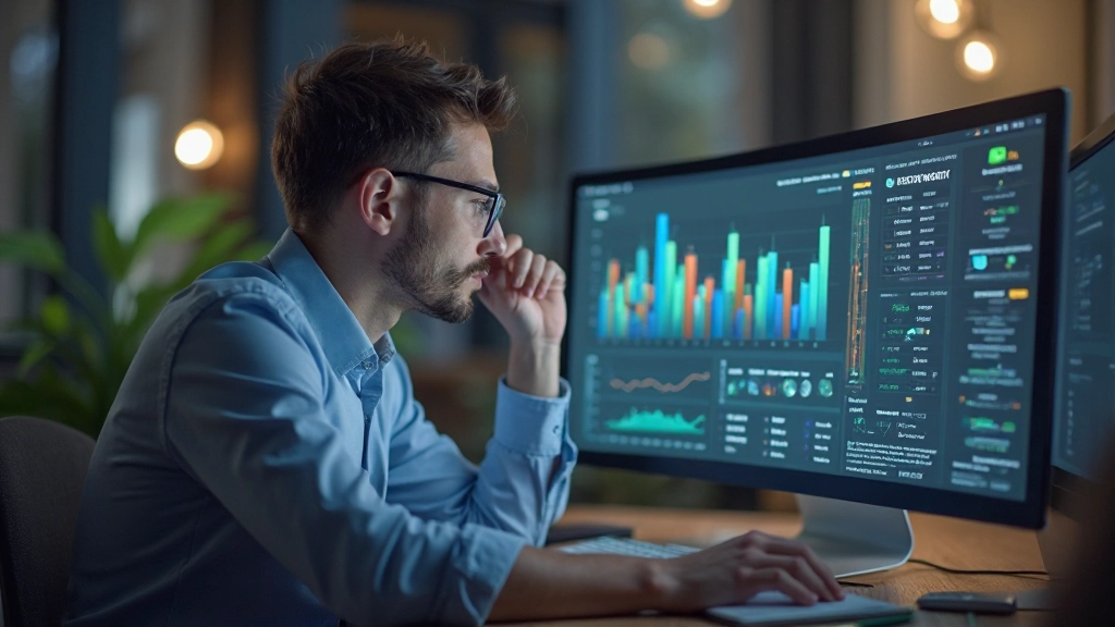 Аналитик данных рассматривает графики и статистику поведения пользователей на мониторе