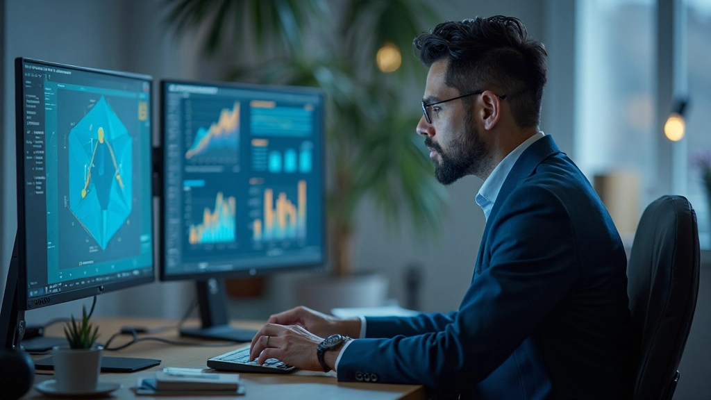 Аналитик просматривает графики и диаграммы поведения пользователей на большом мониторе в офисе