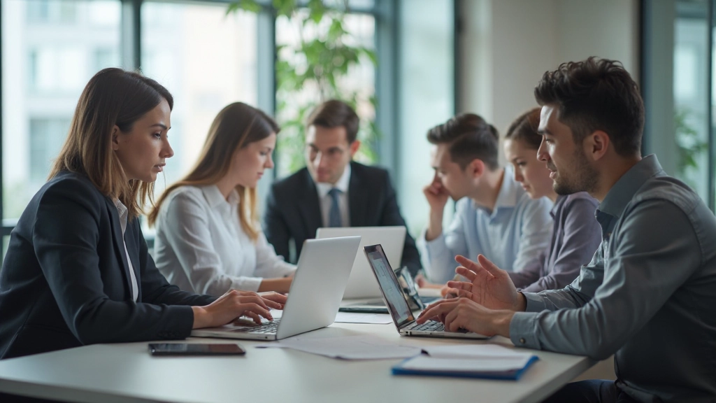 Профессиональная фотография офиса с командой, работающей над цифровыми решениями