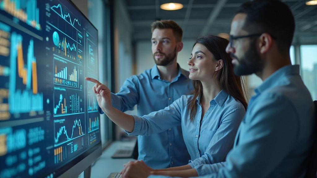 Команда поддержки анализирует данные клиентов на интерактивном экране для персонализации обслуживания