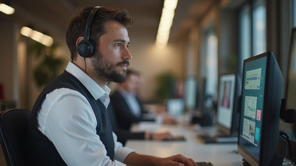 Специалист по обслуживанию клиентов консультирует клиента через видеоконференцию в современном офисе