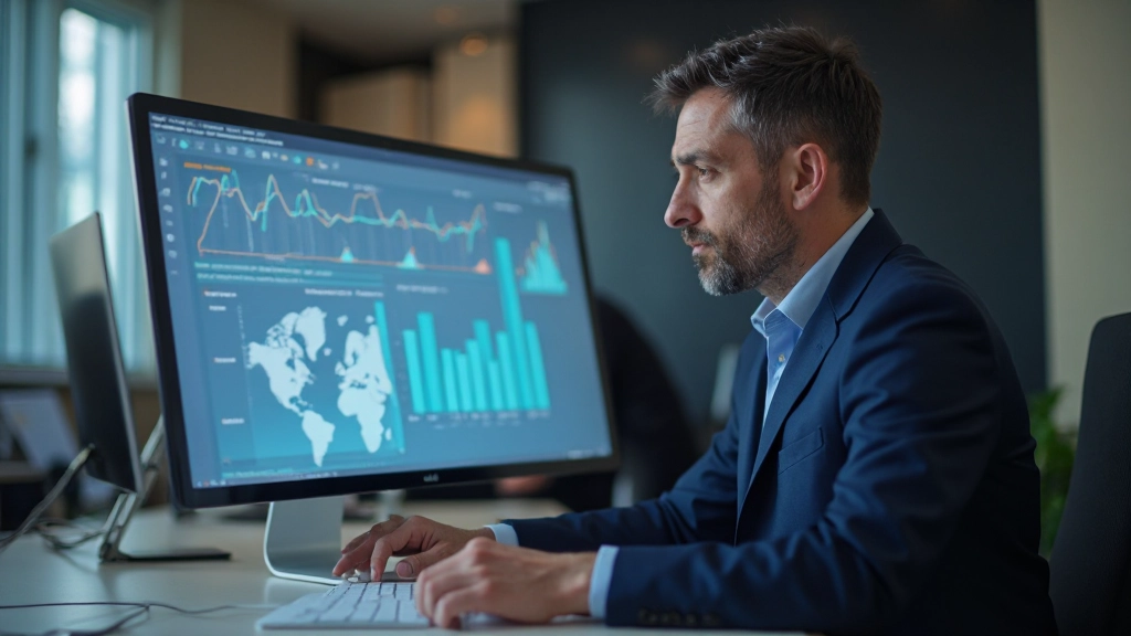 Аналитик данных рассматривает графики и статистику поведения пользователей на мониторе в офисе