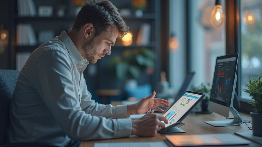 Дизайнер UX анализирует макеты интерфейса мобильного приложения на планшете