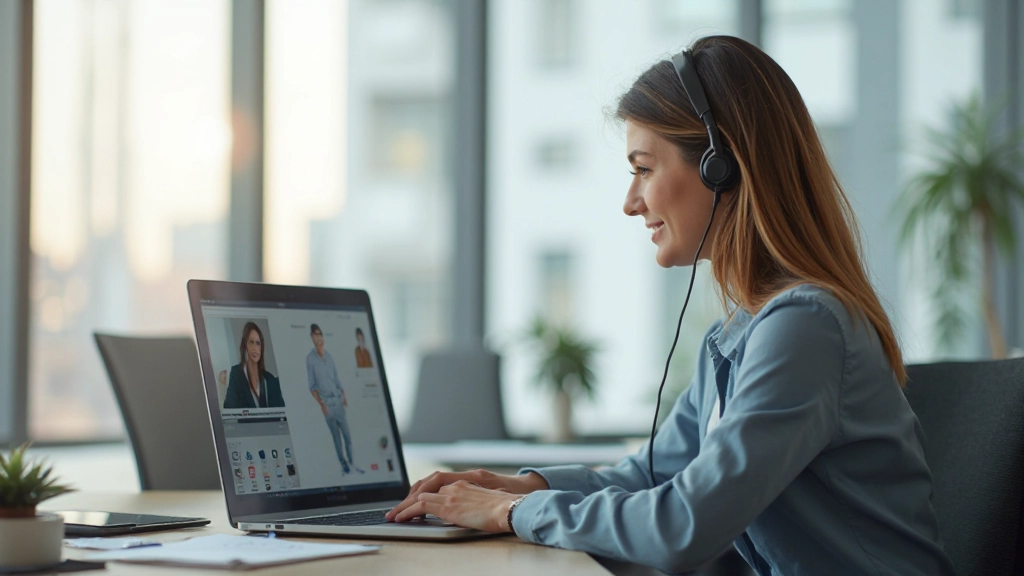 Специалист по обслуживанию клиентов консультирует посетителя по видеосвязи в современном офисе